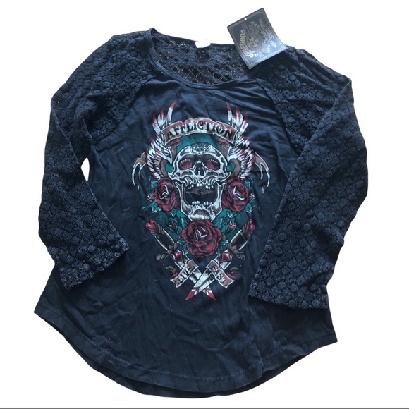 AFFLICTION Screamin Roses Crochet Sleeve T-Shirt - Picture 4 of 10
